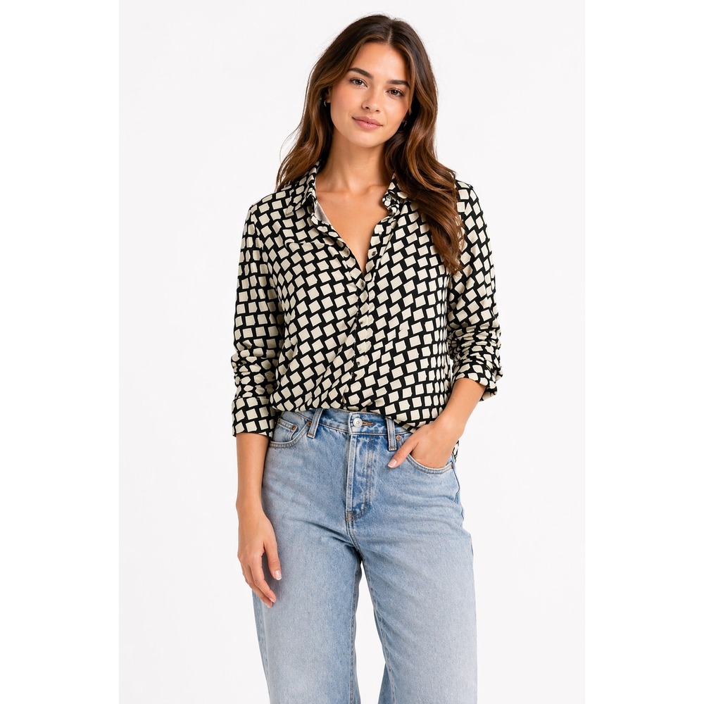 T Tahari Button Down Blouse Womens Large Black White Geometric Square Print Mod